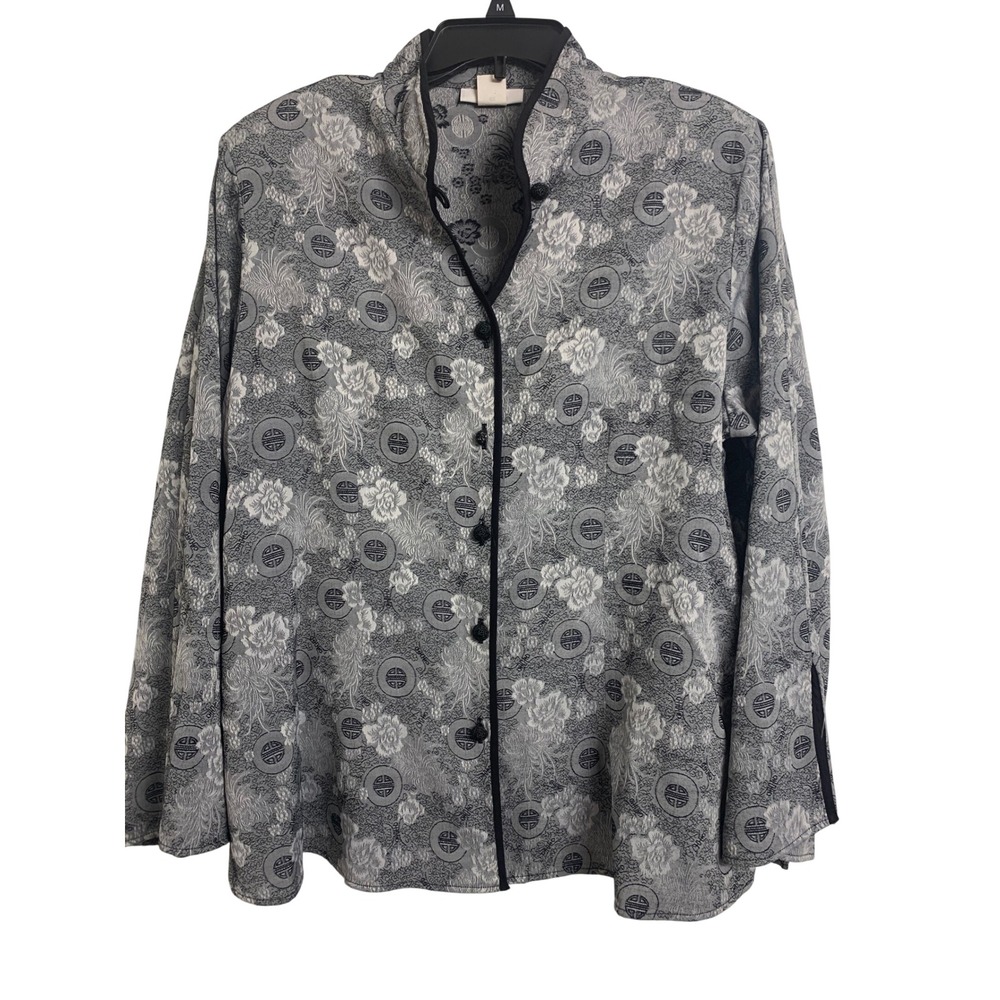 Dressbarn Grey Floral Jacquard Mandarin Collar Button Top  18/20